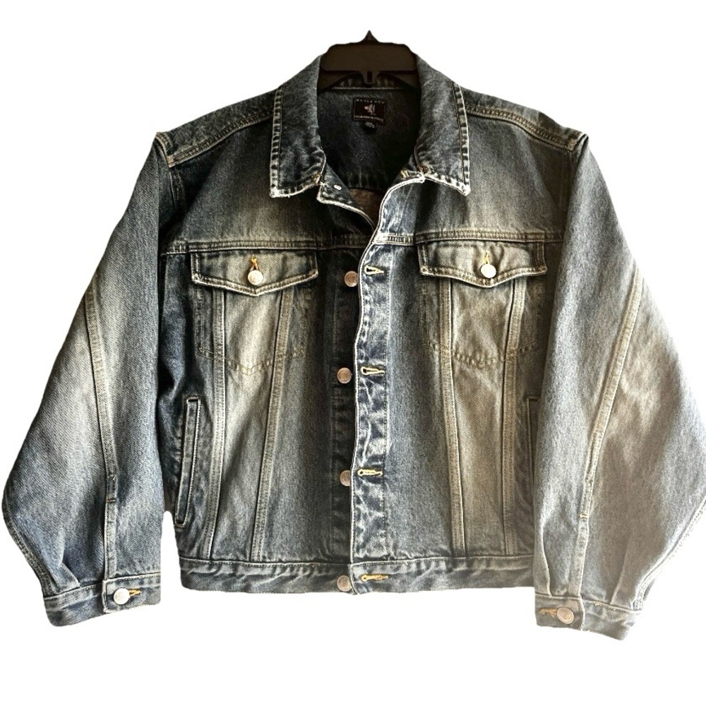VTG Y2K Bugle Boy Millennium Series Denim Jacket Wolf on Back SZ XL Fade Wash